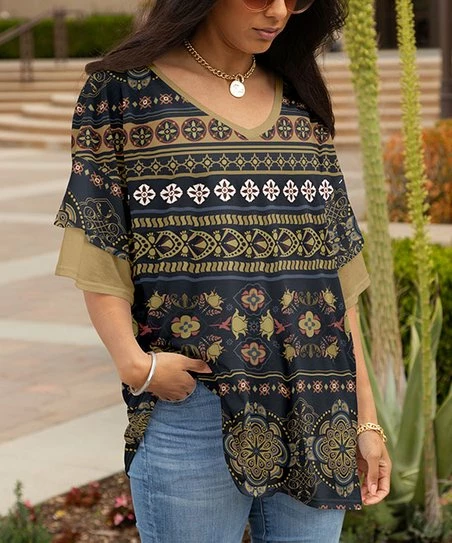 Lily | Navy & Beige Geometric Floral Ruffle-Sleeve V-Neck Tunic - Women 1 Lily | Navy & Beige Geometric Floral Ruffle-Sleeve V-Neck Tunic - Women