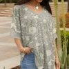 Lily | Gray & Cream Floral Ruffle-Sleeve V-Neck Tunic - Women