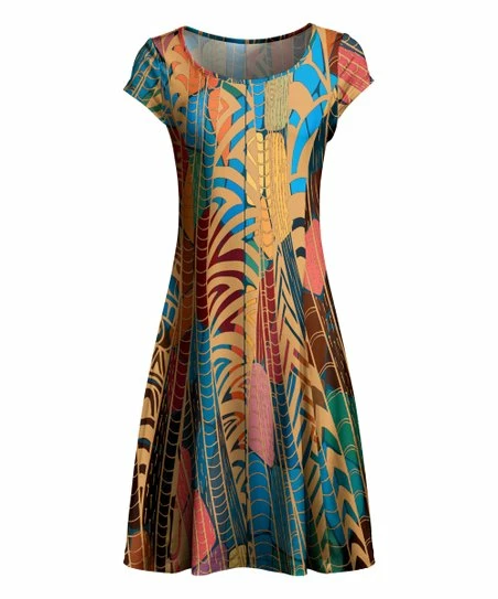 Lily | Gold & Red Abstract Cap-Sleeve Dress - Plus 1 Lily | Gold & Red Abstract Cap-Sleeve Dress - Plus