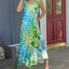 Lily | Blue & Green Tropical Plants Sleeveless Handkerchief Maxi Dress - Plus