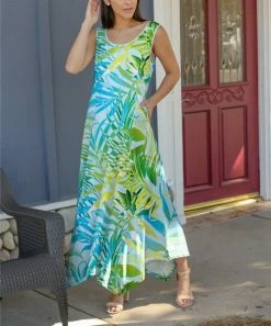 Lily | Blue & Green Tropical Plants Sleeveless Handkerchief Maxi Dress - Plus