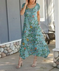Lily | Teal & Green Floral Short-Sleeve Handkerchief Maxi Dress - Plus