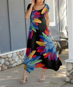 Lily | Black & Blue Floral Short-Sleeve Handkerchief Maxi Dress - Women