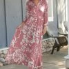 Lily | Pink & White Floral Long-Sleeve Collared Tie-Front Maxi Dress - Plus