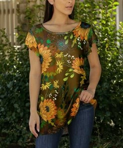 Lily | Brown & Orange Floral Flutter-Sleeve Tunic - Plus