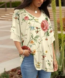 Lily | Cream & Red Floral Layered-Sleeve V-Neck Tunic - Women & Plus