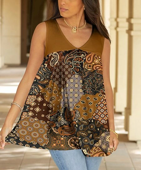 Lily | Brown & Black Patchwork V-Neck Sleeveless Swim Tunic - Plus 1 Lily | Brown & Black Patchwork V-Neck Sleeveless Swim Tunic - Plus
