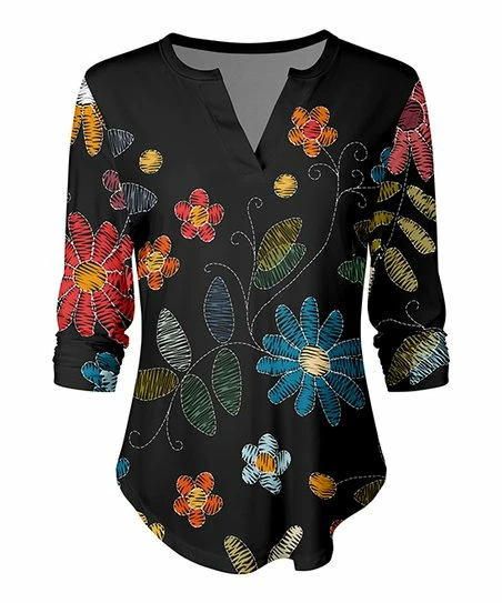 Lily | Black & Red Floral Notch-Neck Top - Plus 1 Lily | Black & Red Floral Notch-Neck Top - Plus