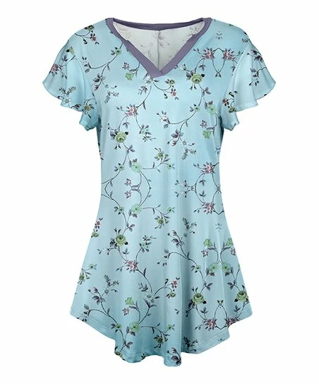 Lily | Aqua & Purple Floral Flutter-Sleeve V-Neck Tunic - Plus 1 Lily | Aqua & Purple Floral Flutter-Sleeve V-Neck Tunic - Plus
