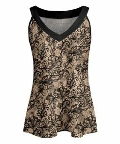 Lily | Beige & Black Lace-Print V-Neck Tank - Plus