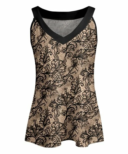 Lily | Beige & Black Lace-Print V-Neck Tank - Plus 1 Lily | Beige & Black Lace-Print V-Neck Tank - Plus
