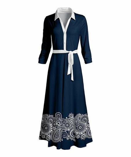 Lily | Navy & White Paisley Tie-Waist Maxi Shirt Dress - Women 1 Lily | Navy & White Paisley Tie-Waist Maxi Shirt Dress - Women