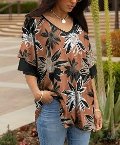 Lily | Coral & Black Floral Ruffle-Sleeve V-Neck Tunic - Women