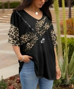 Lily | Black & Leopard-Fill Dragonfly Ruffle-Sleeve V-Neck Tunic - Women