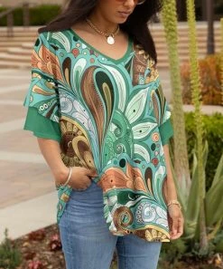 Lily | Green & Coral Paisley Ruffle-Sleeve V-Neck Tunic - Women