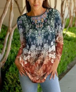 Lily | Rust & Navy Floral Paisley Long-Sleeve Crewneck Tunic - Women & Plus