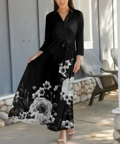 Lily | Black & White Floral Tied-Waist Collard Maxi Dress - Plus