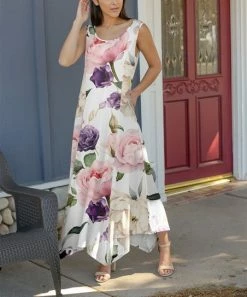 Lily | White & Rose Floral Pocket Handkerchief-Hem Maxi Dress - Women