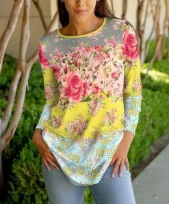 Lily | Yellow & Gray Floral Patchwork Long-Sleeve Crewneck Tunic - Women