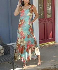 Lily | Turquoise & Red Floral Pocket Handkerchief-Hem Maxi Dress - Women