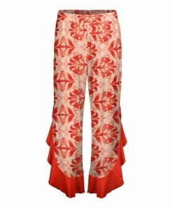 Lily | Red & White Geometric Ruffle-Accent Pants - Women