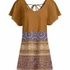 Lily | Brown & Purple Geometric Tie-Back Flutter-Sleeve Tunic - Plus