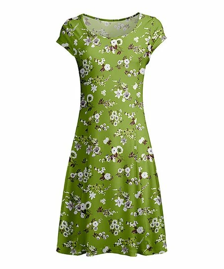 Lily | Olive & White Floral Cap-Sleeve Dress - Plus 1 Lily | Olive & White Floral Cap-Sleeve Dress - Plus