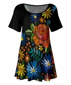 Lily | Black & Orange Floral Short-Sleeve Scoop Neck Tunic - Plus