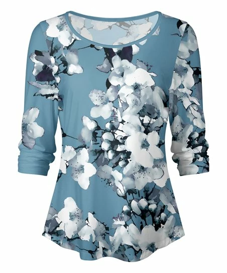 Lily | Blue & White Floral Long-Sleeve Boatneck Top - Plus 1 Lily | Blue & White Floral Long-Sleeve Boatneck Top - Plus