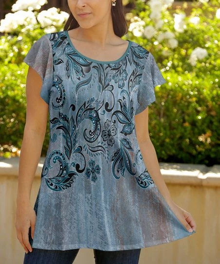 Lily | Teal & Black Paisley Boatneck Flutter-Sleeve Tunic - Women & Plus 1 Lily | Teal & Black Paisley Boatneck Flutter-Sleeve Tunic - Women & Plus
