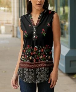 Lily | Black & Red Floral V-Neck Sleeveless Tunic - Women