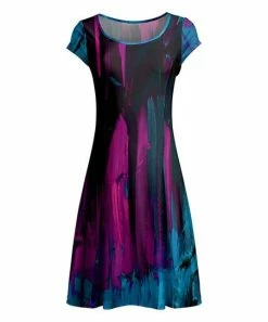 Lily | Purple & Blue Paintbrush Cap-Sleeve Dress - Plus