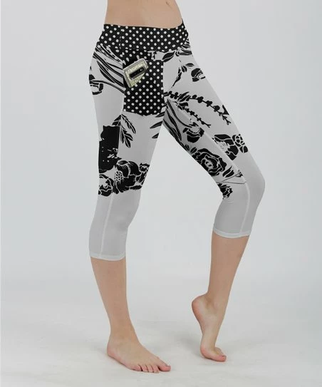 Lily | Black & White Polka Dot Floral Pocket Capri Leggings - Women 1 Lily | Black & White Polka Dot Floral Pocket Capri Leggings - Women