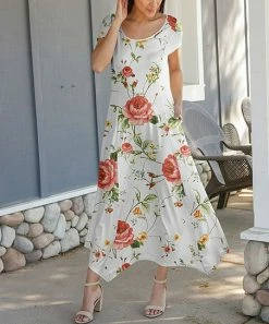 Lily | White & Red Floral Handkerchief Maxi Dress - Women