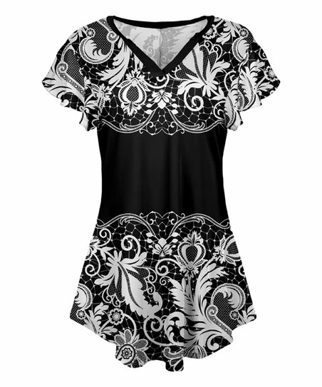 Lily | Black & White Paisley V-Neck Flutter-Sleeve Tunic - Women 1 Lily | Black & White Paisley V-Neck Flutter-Sleeve Tunic - Women