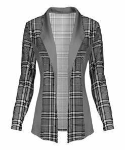 Lily | Black & Gray Plaid Shawl-Collar Open Cardigan - Plus