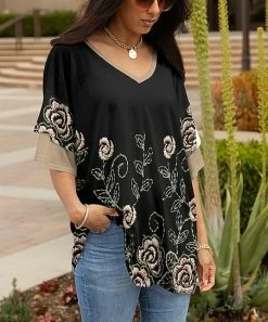 Lily | Black & Beige Floral Ruffle-Sleeve V-Neck Tunic - Women