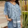 Lily | Blue & White Abstract Ruffle-Sleeve V-Neck Tunic - Women & Plus