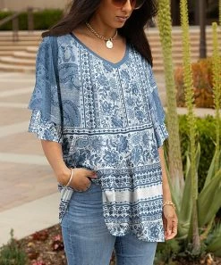 Lily | Blue & White Abstract Ruffle-Sleeve V-Neck Tunic - Women & Plus