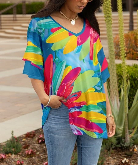 Lily | Blue & Pink Petals Ruffle-Sleeve V-Neck Tunic - Women 1 Lily | Blue & Pink Petals Ruffle-Sleeve V-Neck Tunic - Women