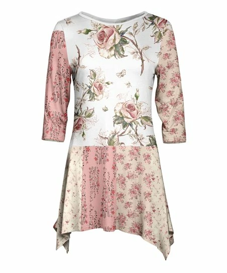 Lily | Pink & White Floral Patchwork Sidetail Tunic - Plus 1 Lily | Pink & White Floral Patchwork Sidetail Tunic - Plus