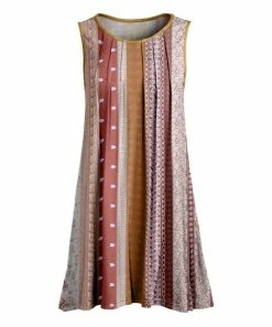 Lily | Taupe & Brown Patchwork Stripe Pleated Sleeveless Tunic - Plus