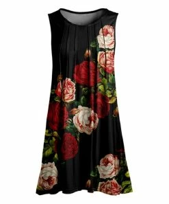Lily | Black & Red Rose Floral Pleated Sleeveless Tunic - Plus