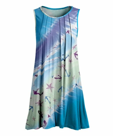 Lily | Mint & Blue Anchor Starfish Pleated Sleeveless Tunic - Plus 1 Lily | Mint & Blue Anchor Starfish Pleated Sleeveless Tunic - Plus