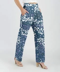 Lily | Slate Blue & White Leopard Pocket Wide-Waistband Pants - Women