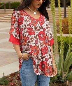Lily | Red & Cream Floral Layered-Sleeve V-Neck Tunic - Plus