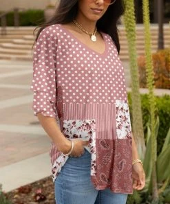 Lily | Rose & White Polka Dot Patchwork Ruffle-Sleeve V-Neck Tunic - Women