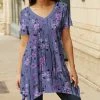 Lily | Lavender & Pink Floral Sidetail V-Neck Tunic - Women