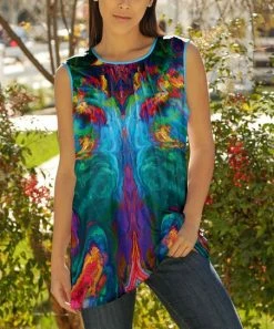 Lily | Blue & Pink Abstract Pleated Sleeveless Tunic - Plus