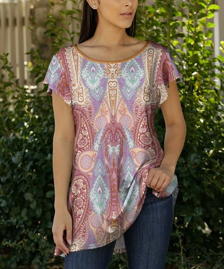 Lily | Pink & Lavender Arabesque Boatneck Flutter-Sleeve Tunic - Women 1 Lily | Pink & Lavender Arabesque Boatneck Flutter-Sleeve Tunic - Women
